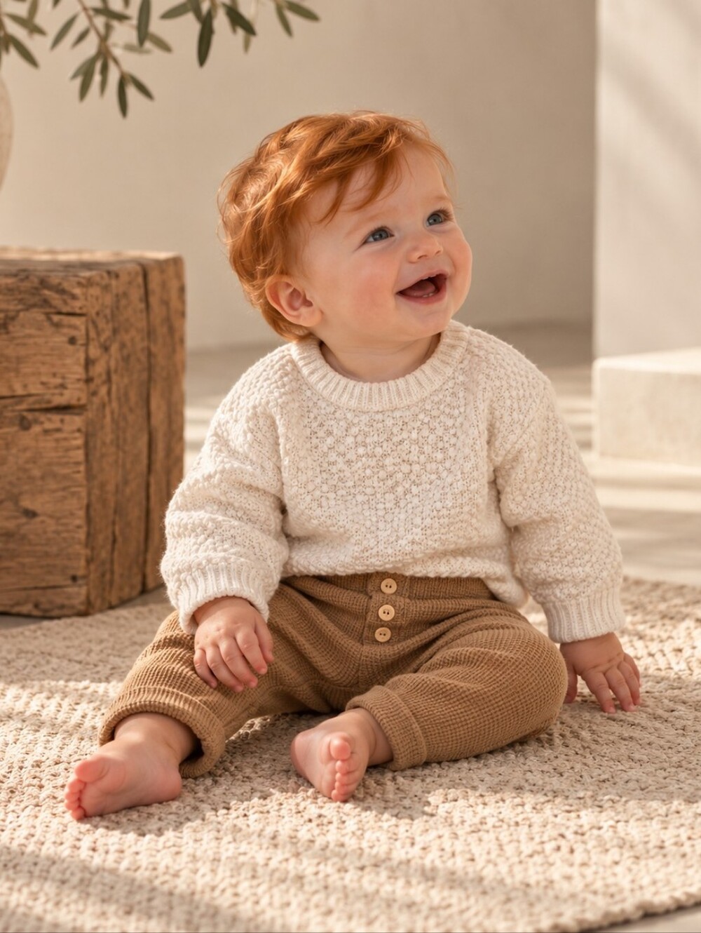 H&M Baby 100% Cotton Waffle Knit Pants Tan Brown 6-9M Neutral Minimalist